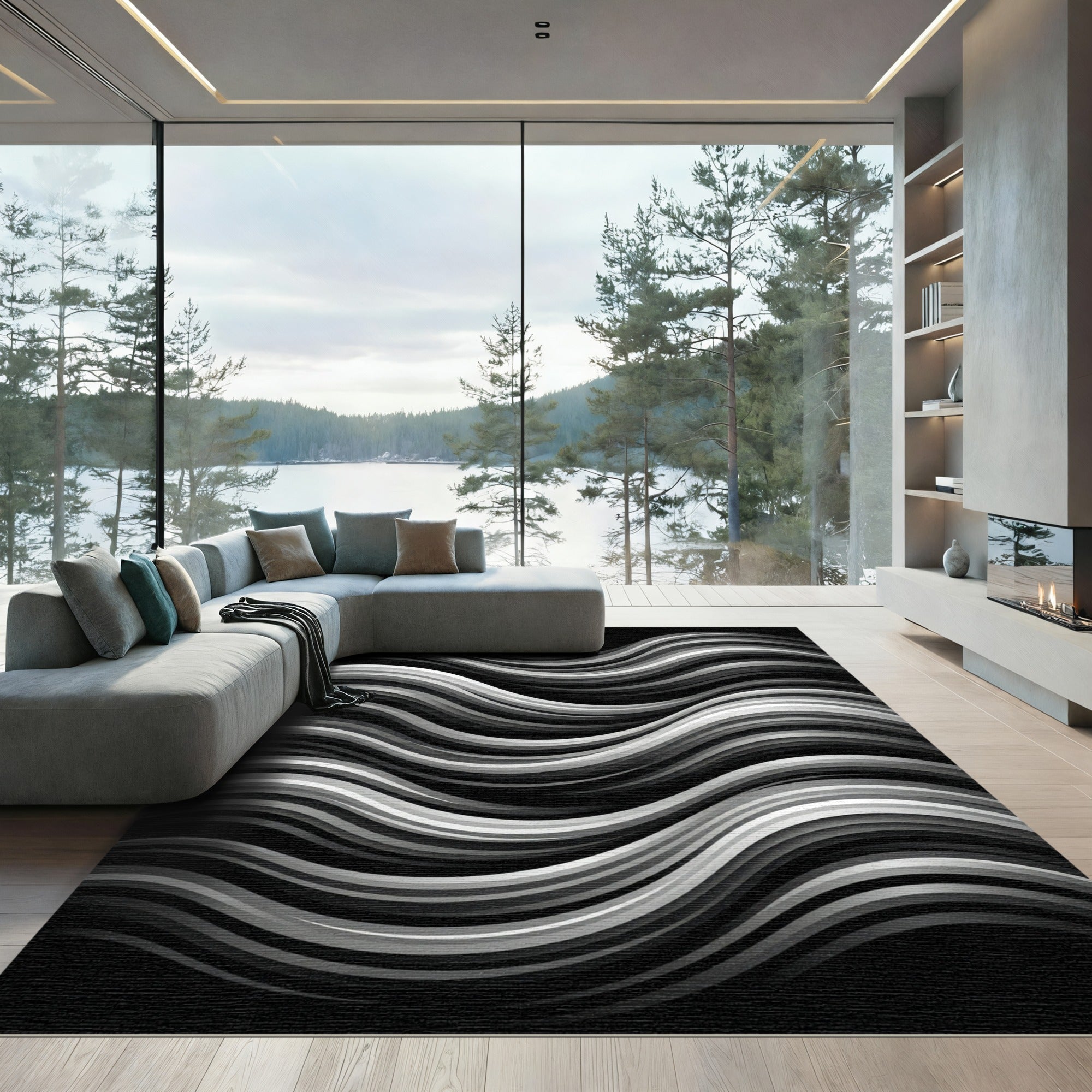 Monochrome Flowing Ribbon Abstract Rug