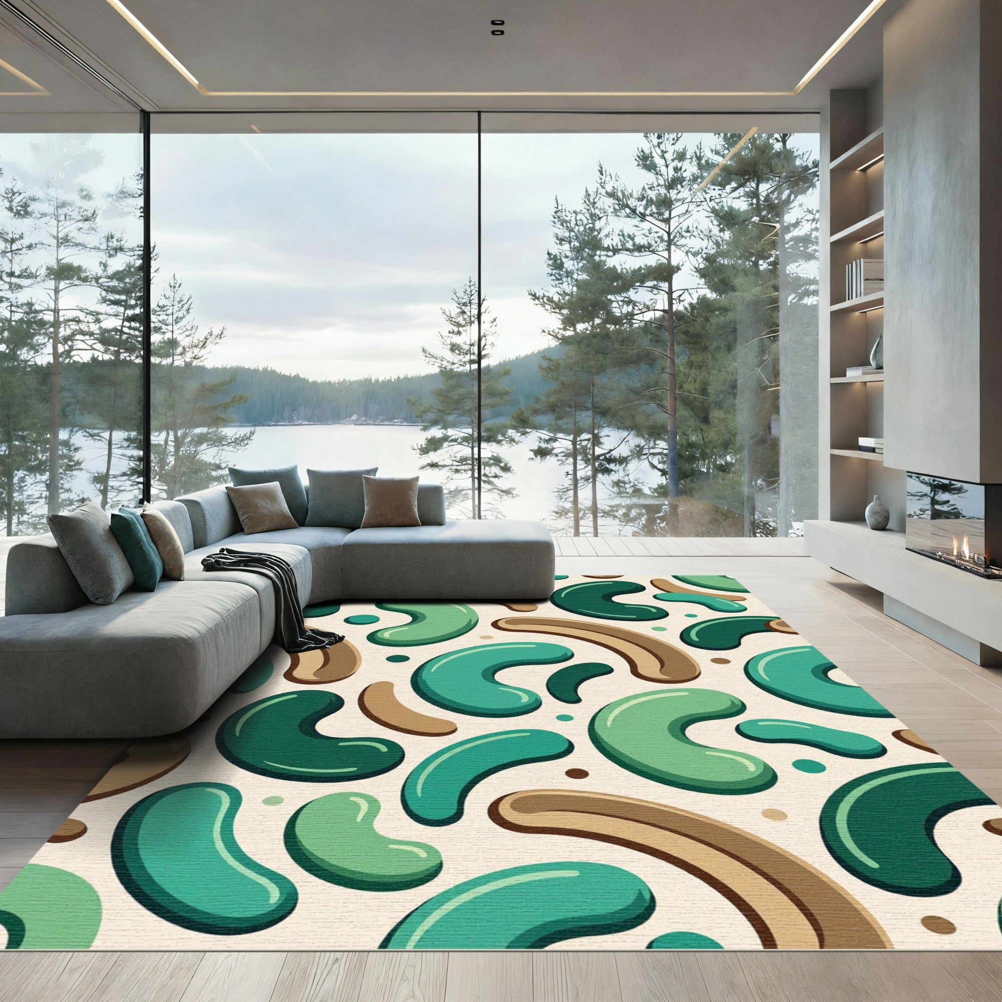 Abstract Teal Curved Bean Mid-Century Form Rug