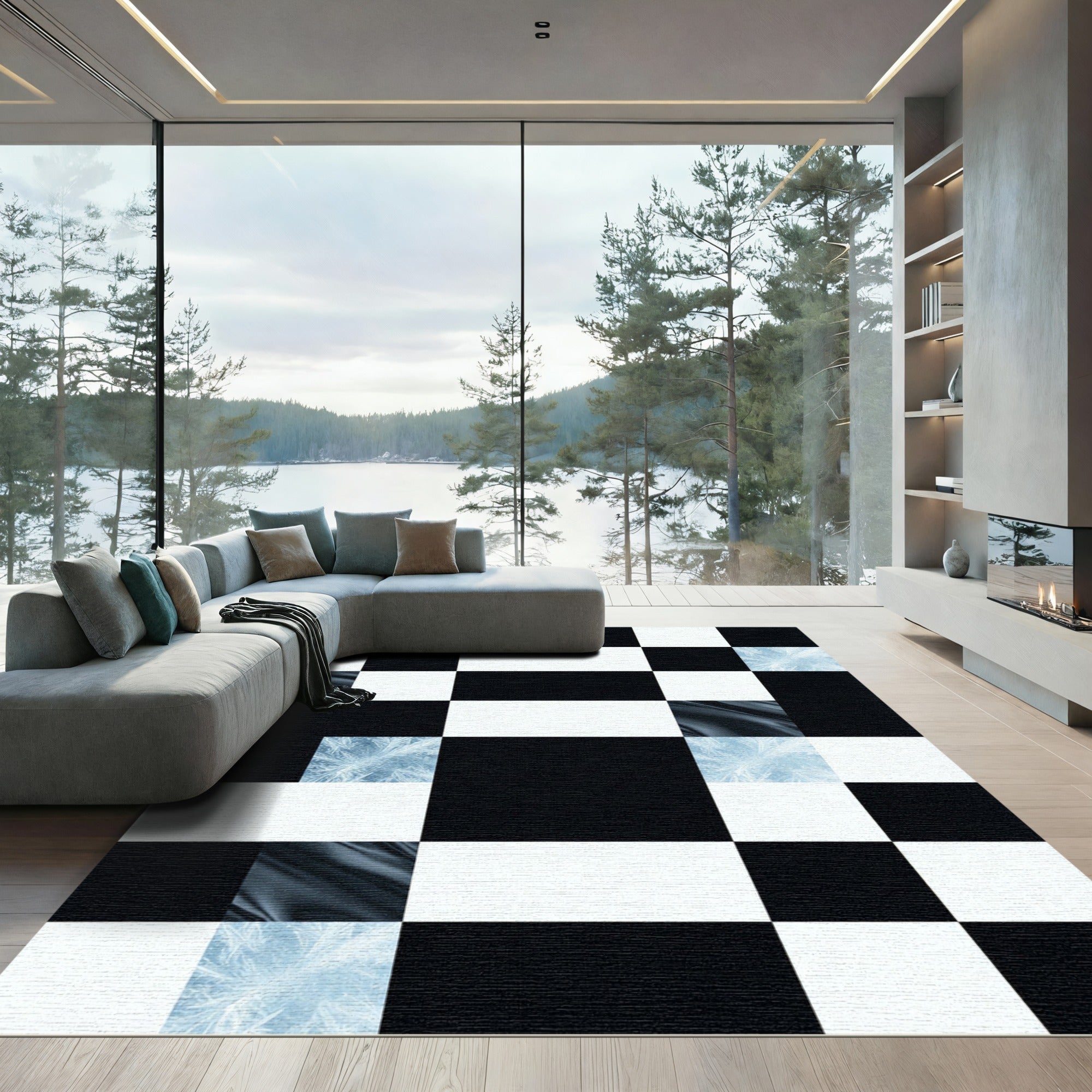 Cool Frosty Black White Squares Rug