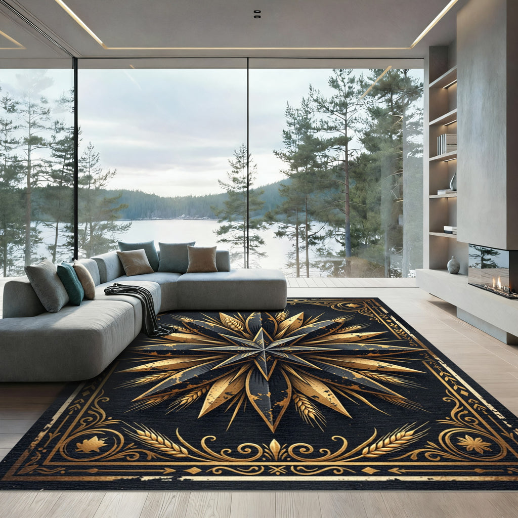 Golden Celestial Star Black Wheat Rug
