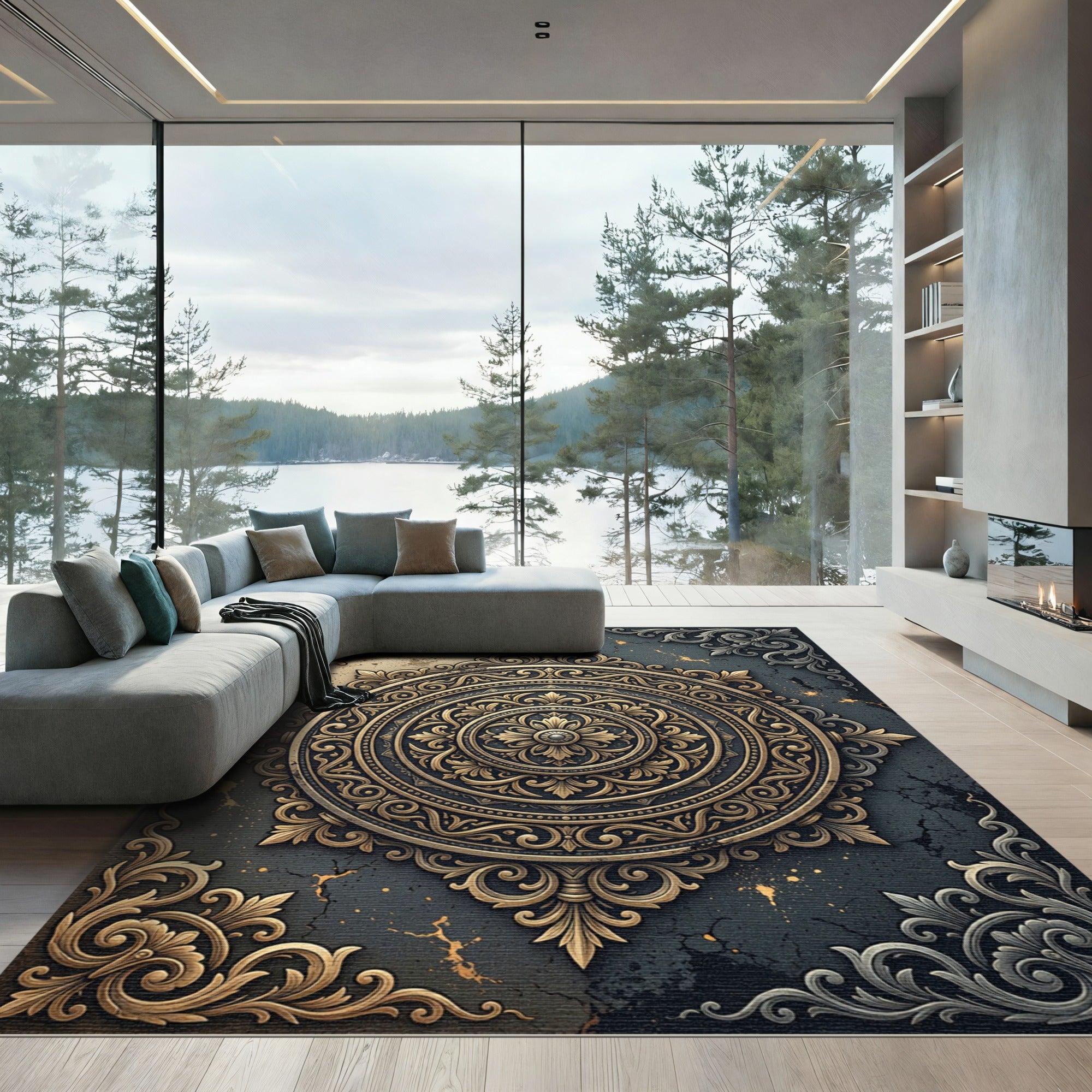 Ornate Golden Filigree Charcoal Medallion Rug