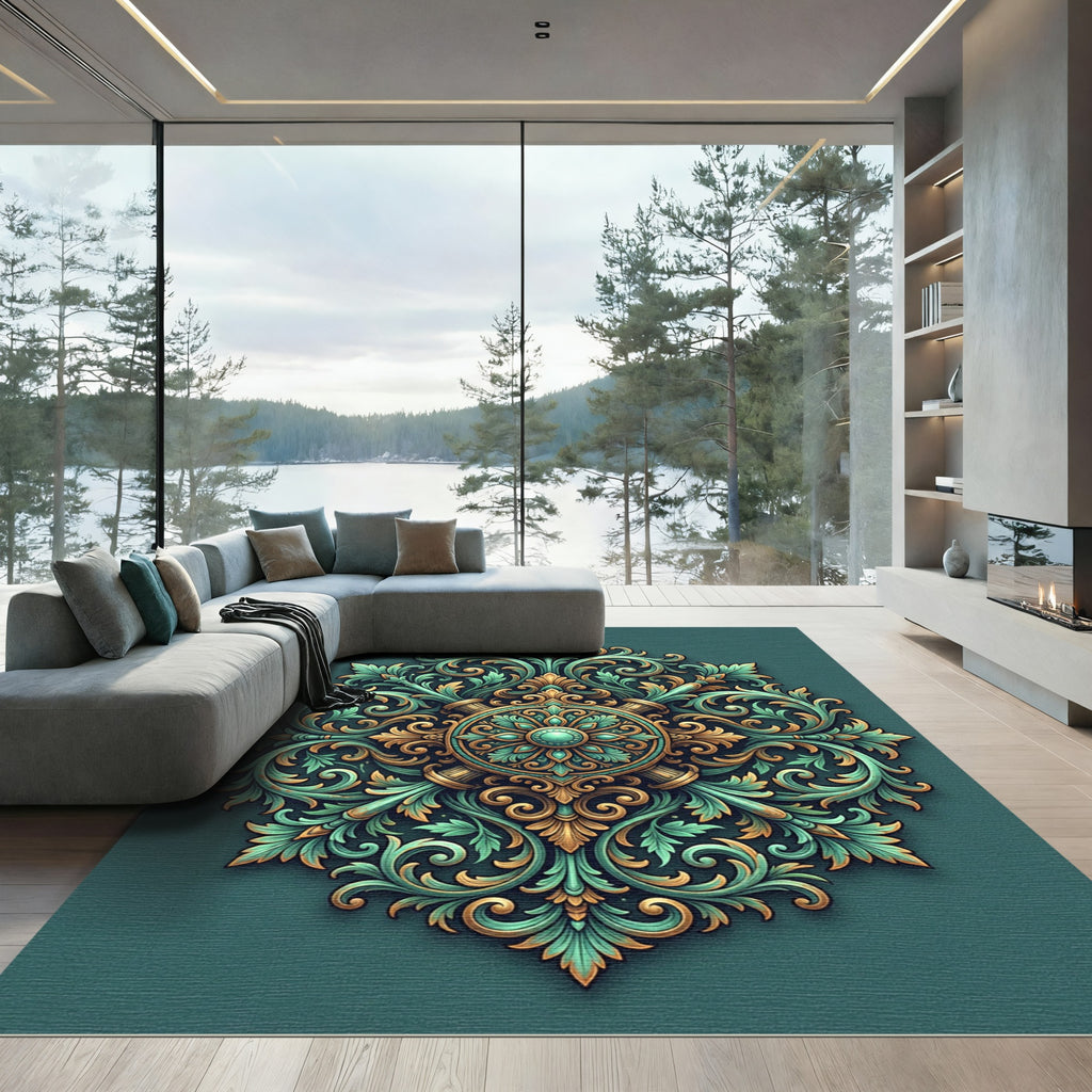 Ornate Teal and Gold Scroll Medallion Rug