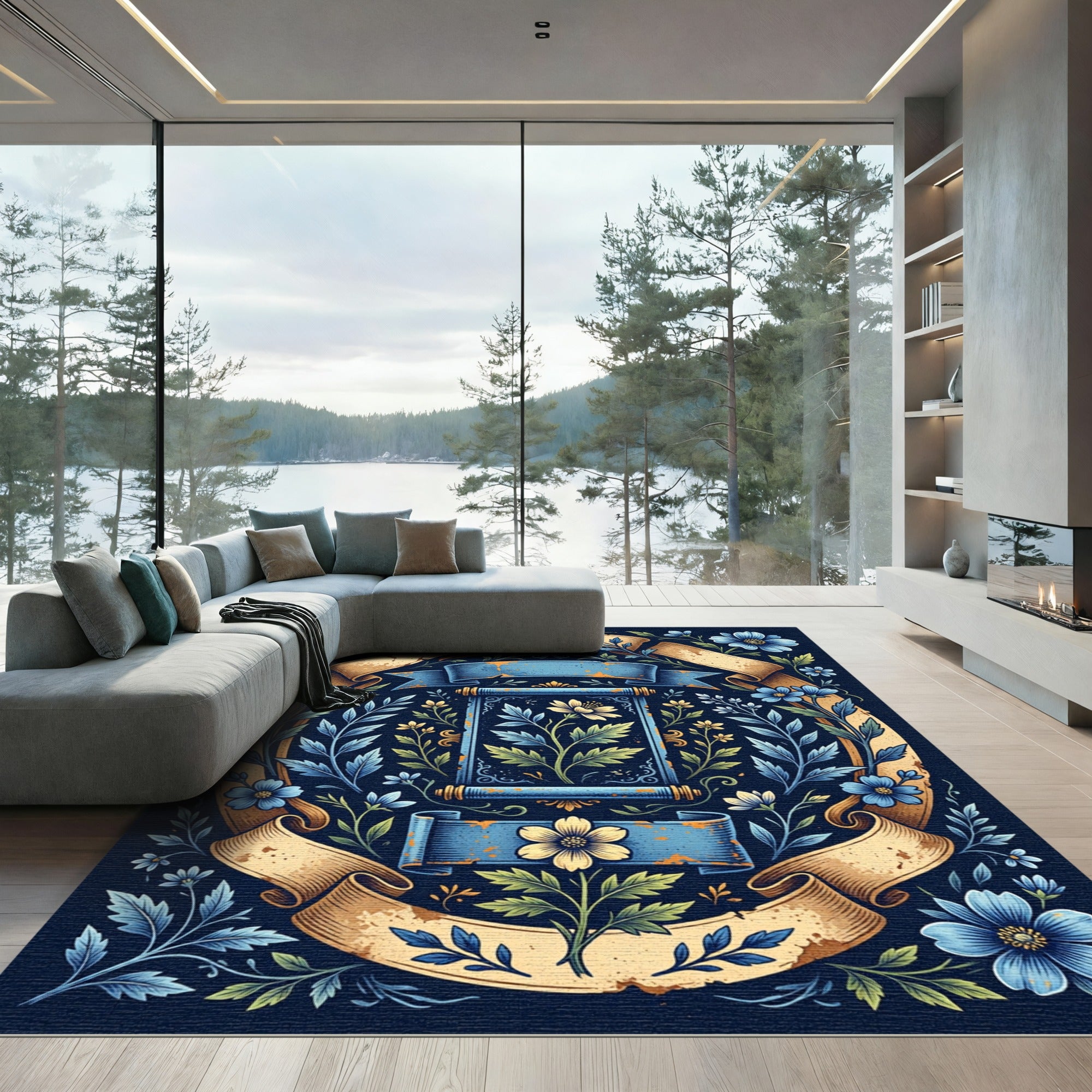 Floral Scroll Navy Golden Botanical Rug