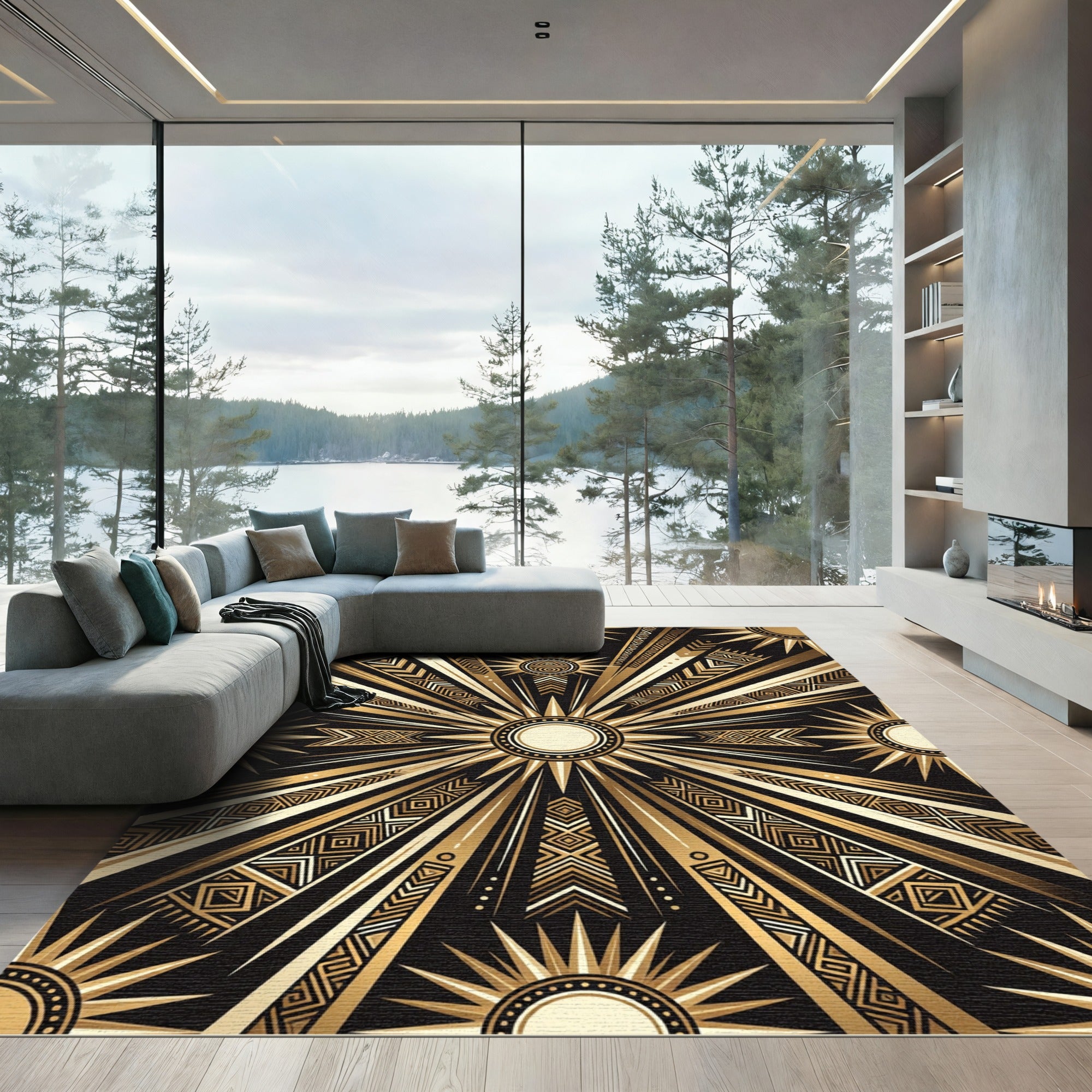 Radiant Gold Sunburst Geometric Rug