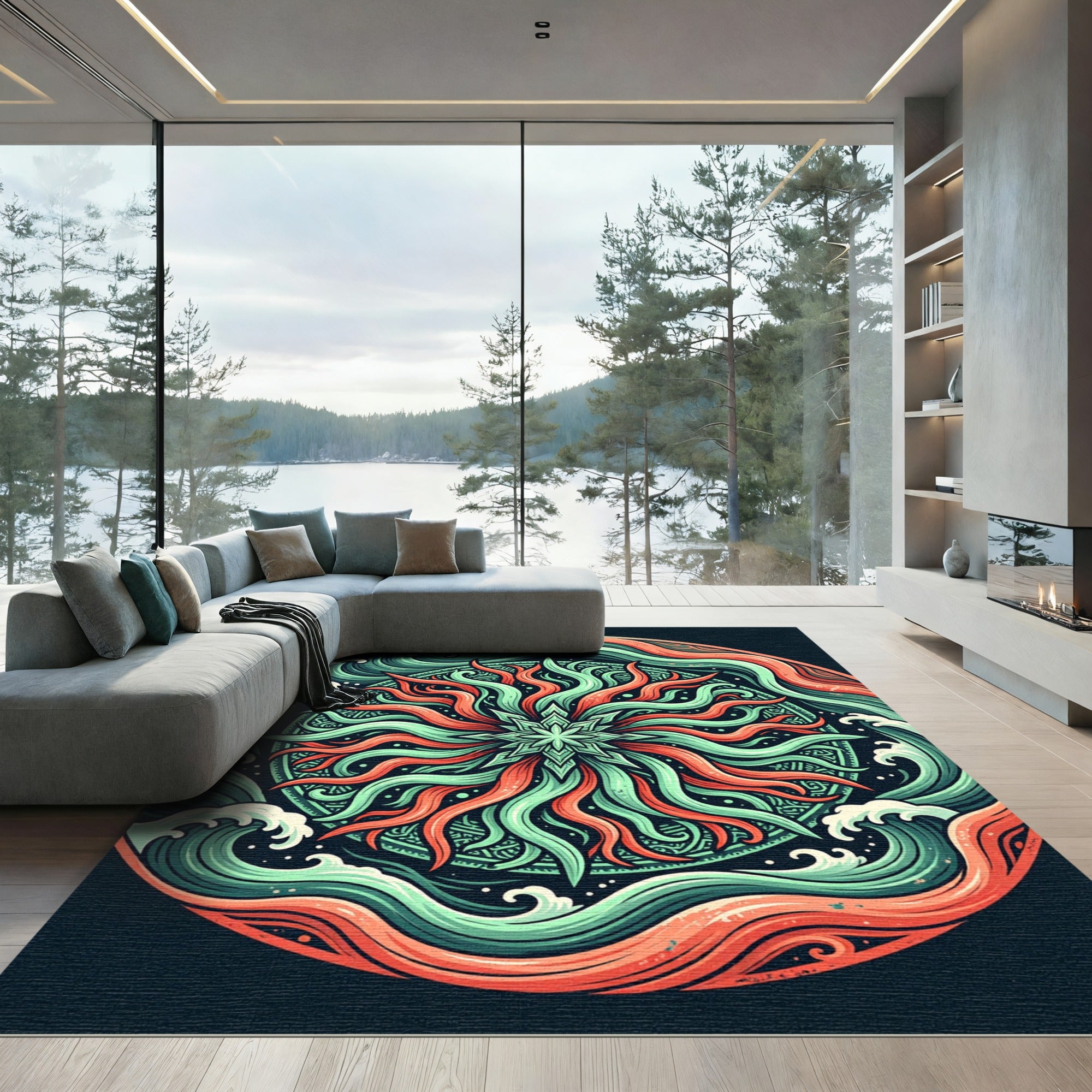 Radiant Coral and Teal Wave Mandala Rug