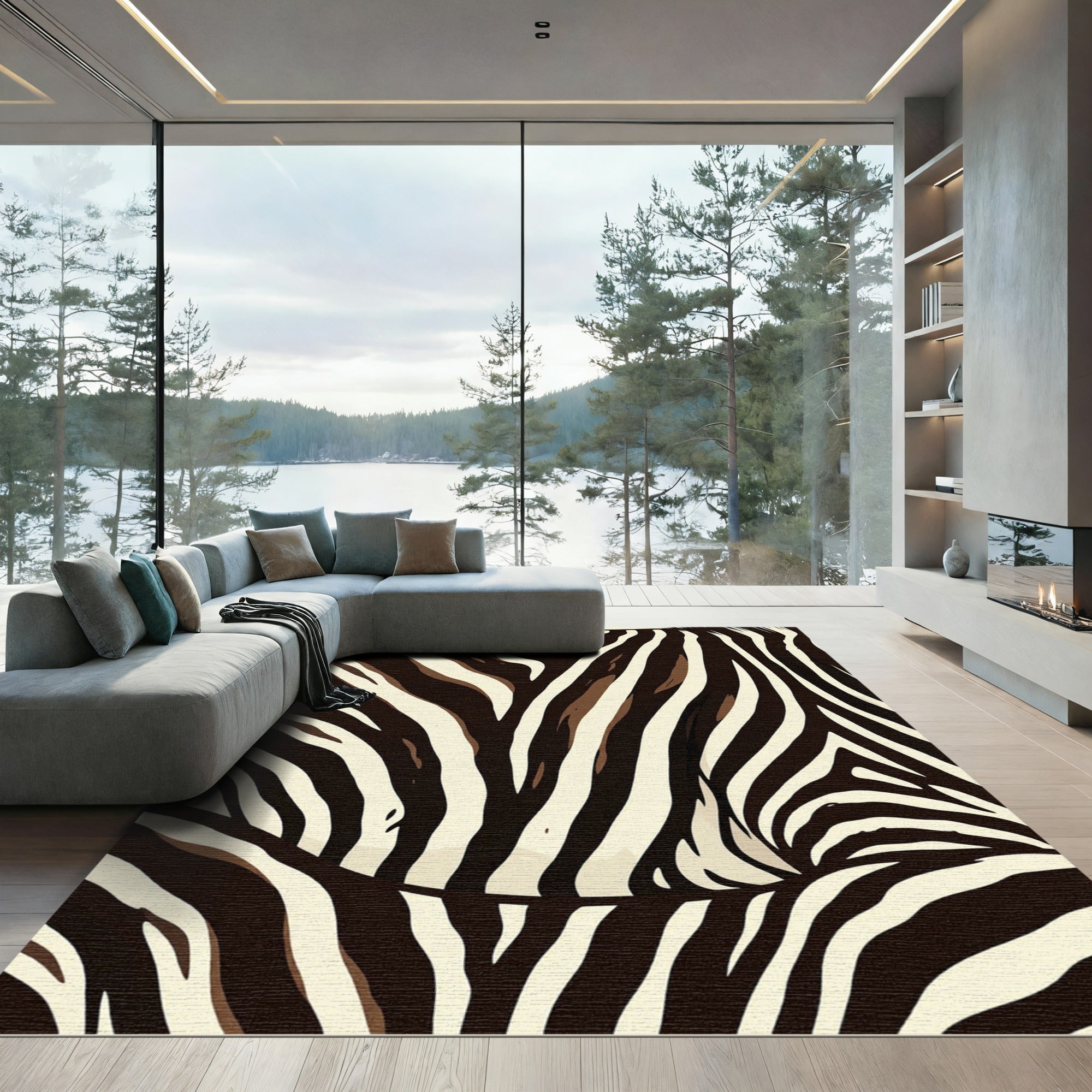 Cream Brown Animal Print Stripes Rug