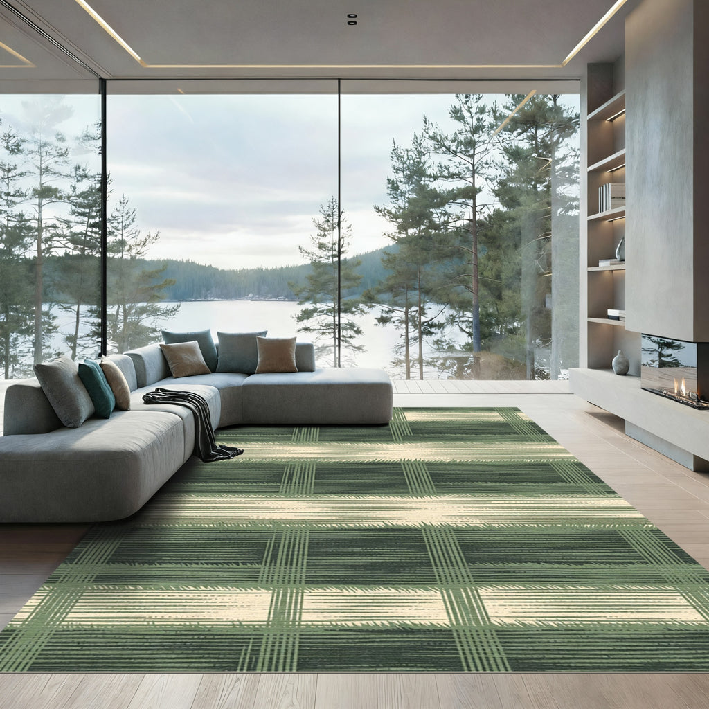 Textured Sage and Cream Plaid Rug