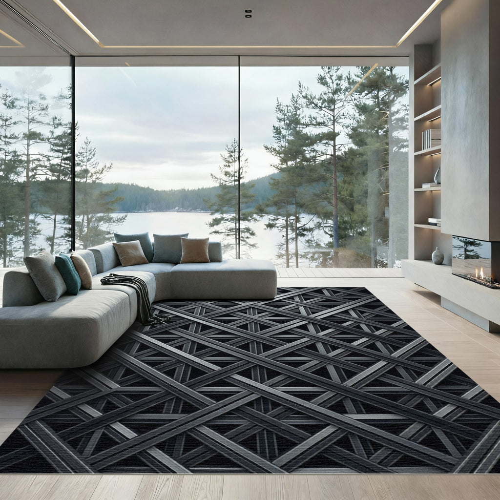 Dark Metallic Intersecting Lattice Grid Rug