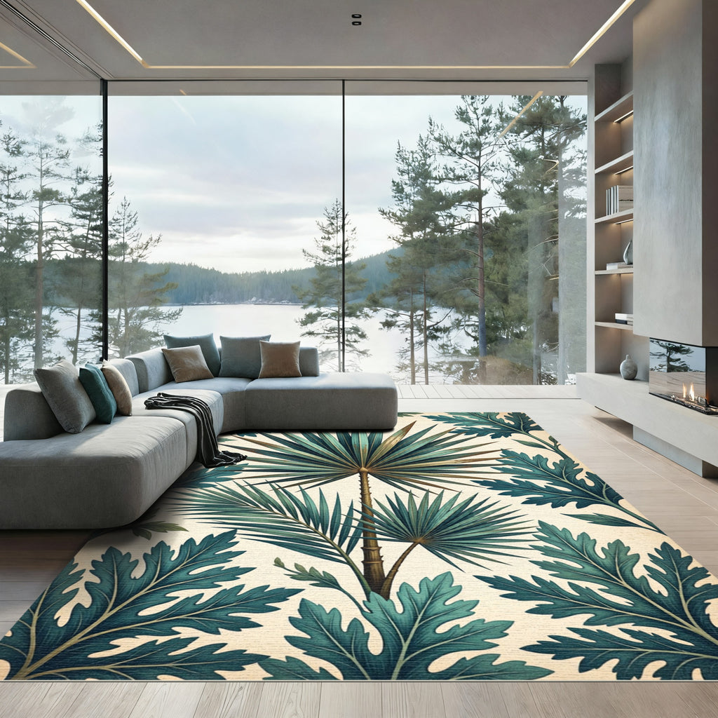 Teal Palm Leaf Botanical Implosion Rug