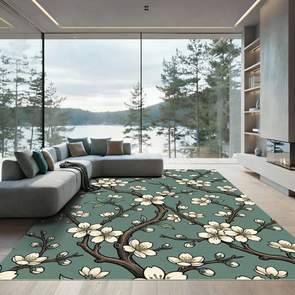 Elegant White Cherry Blossom Sage Meadow Rug