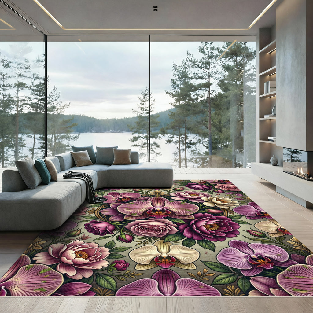 Elegant Mauve Orchid Rose Botanical Arrangement Rug