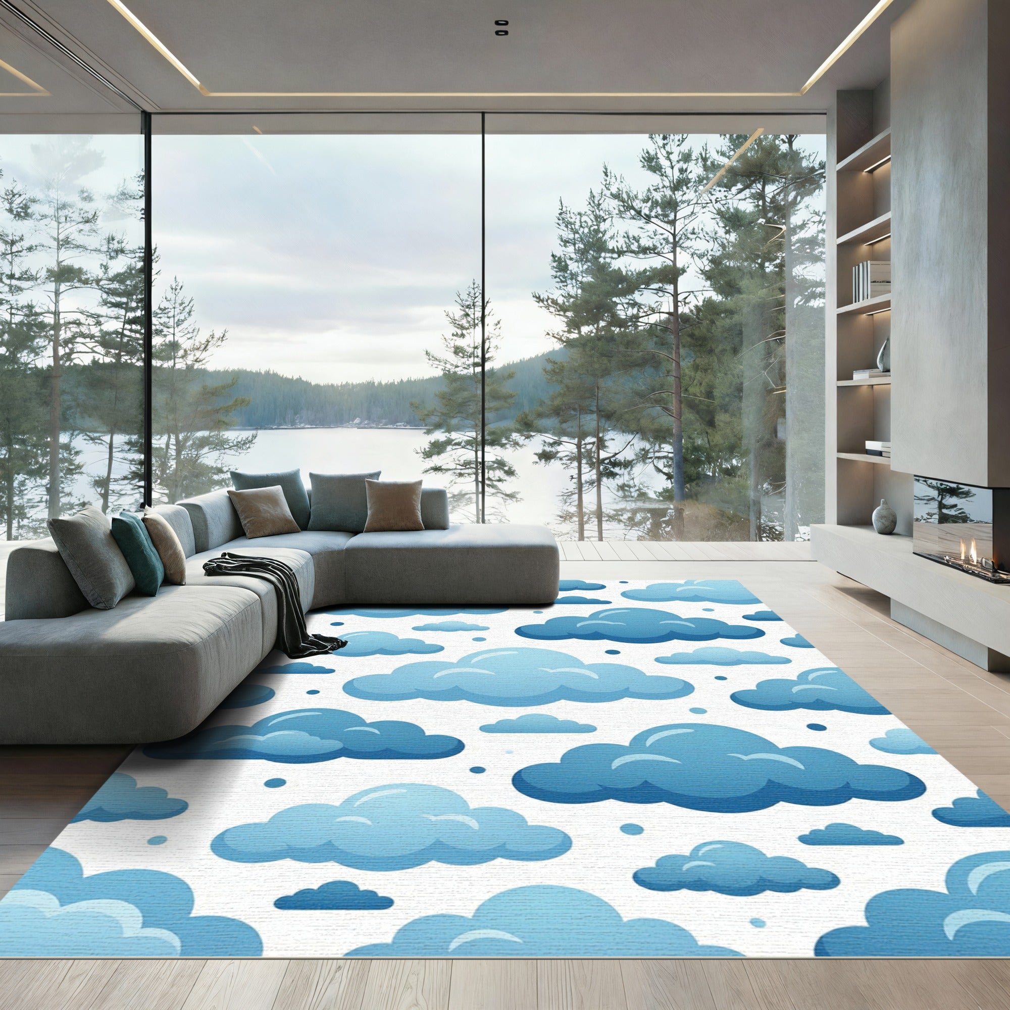 Playful Blue Floating Cloud Sky Rug