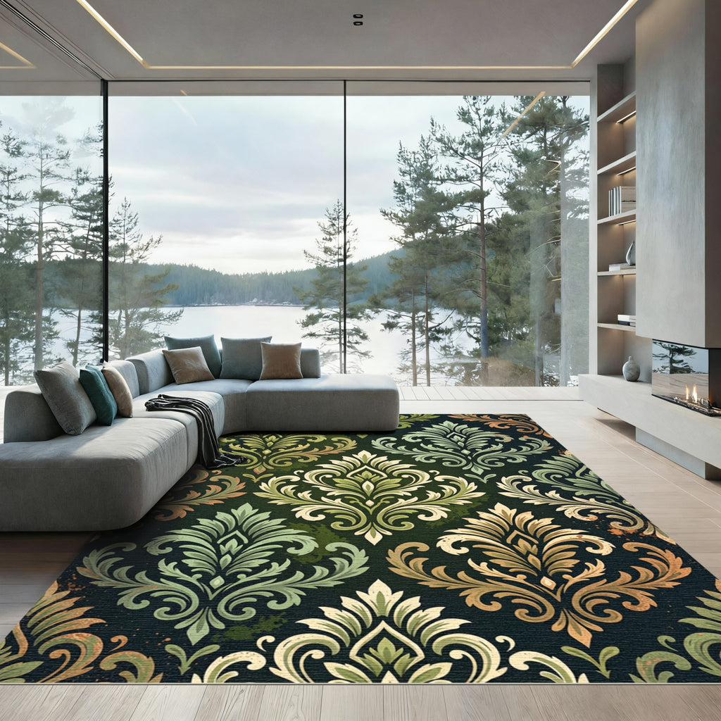 Earthy Green Damask Ornate Foliage Rug