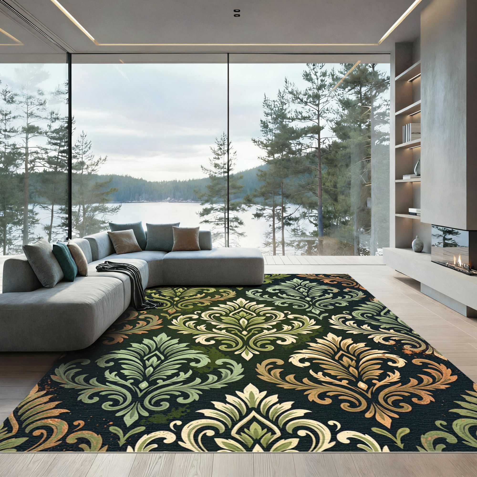 Earthy Green Damask Ornate Foliage Rug