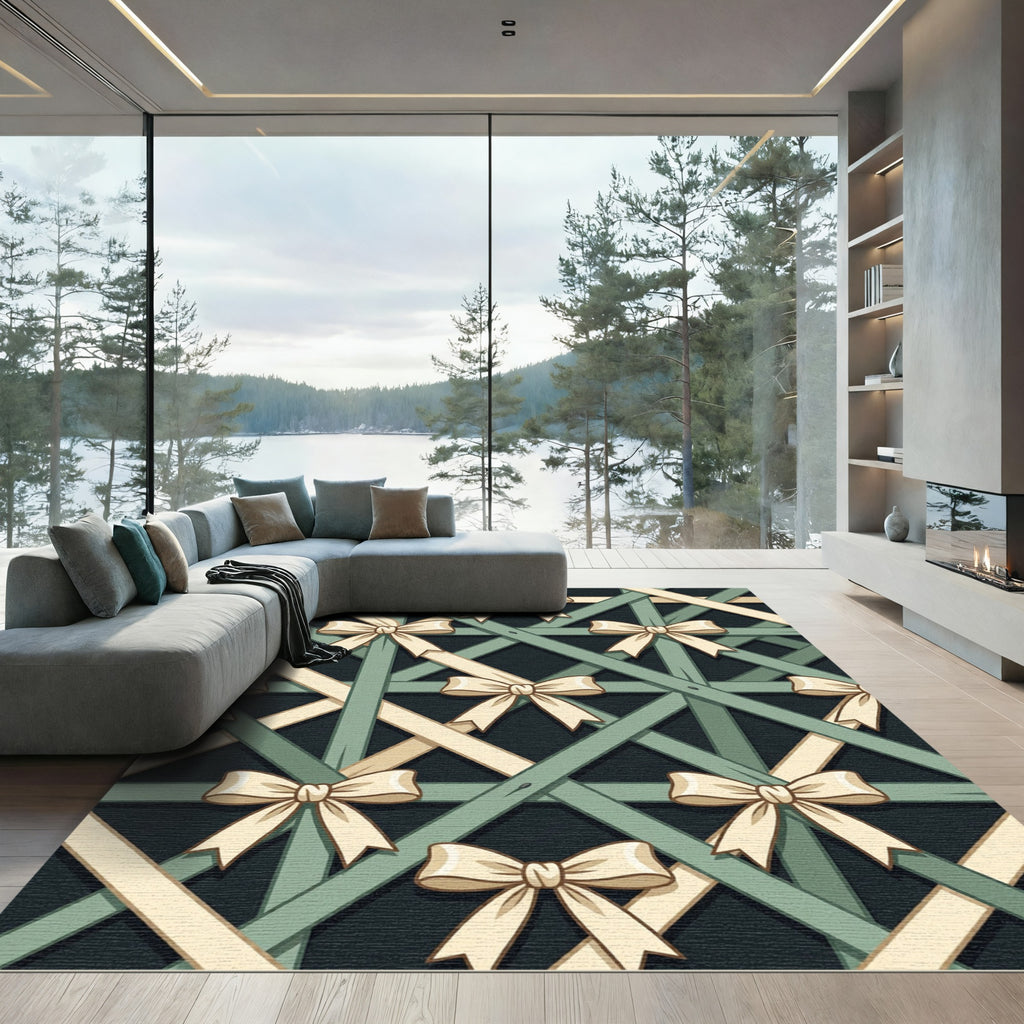 Cream Ribbon Bow Lattice Sage Trellis Rug