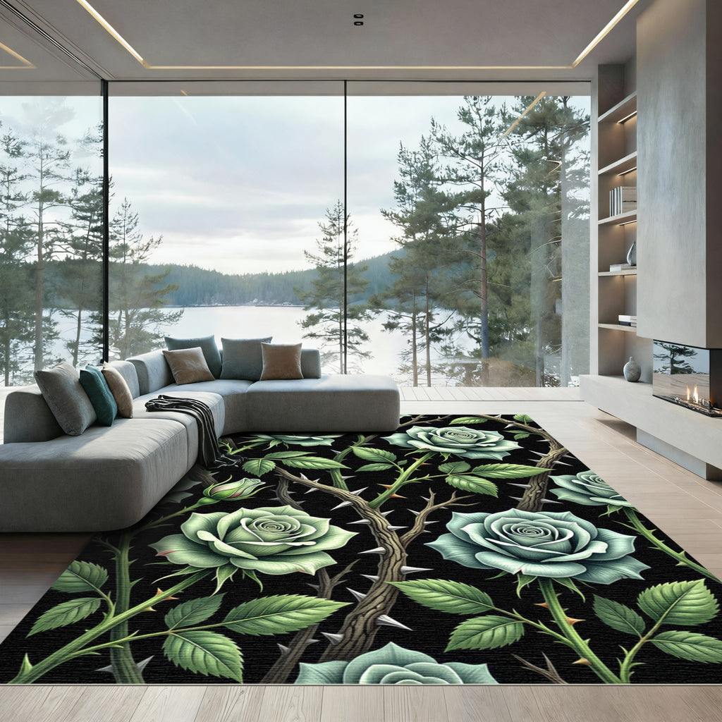 Sage Green Rose Thorns Botanical Arrangement Rug