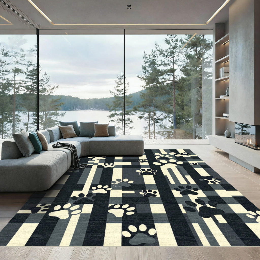 Monochrome Plaid Paw Print Rug