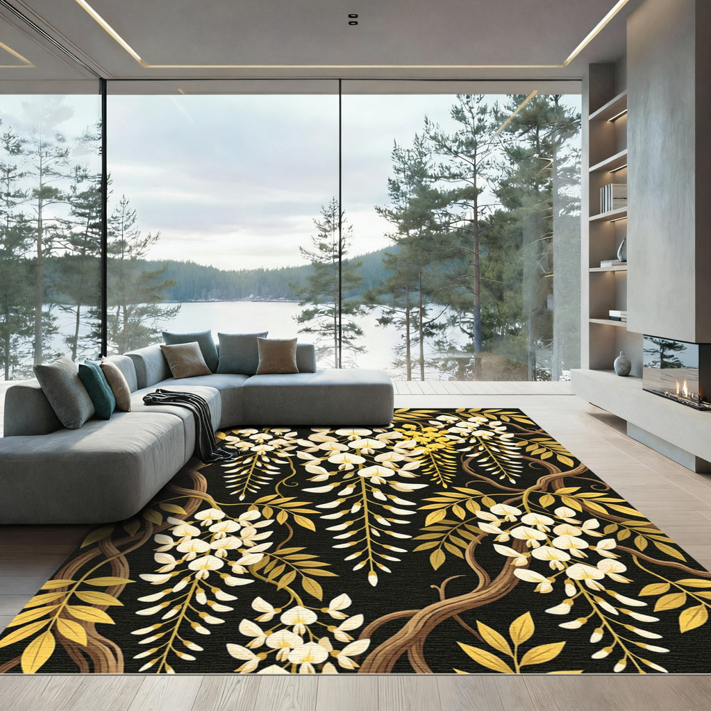 Elegant Gold Wisteria Floral Vine Rug
