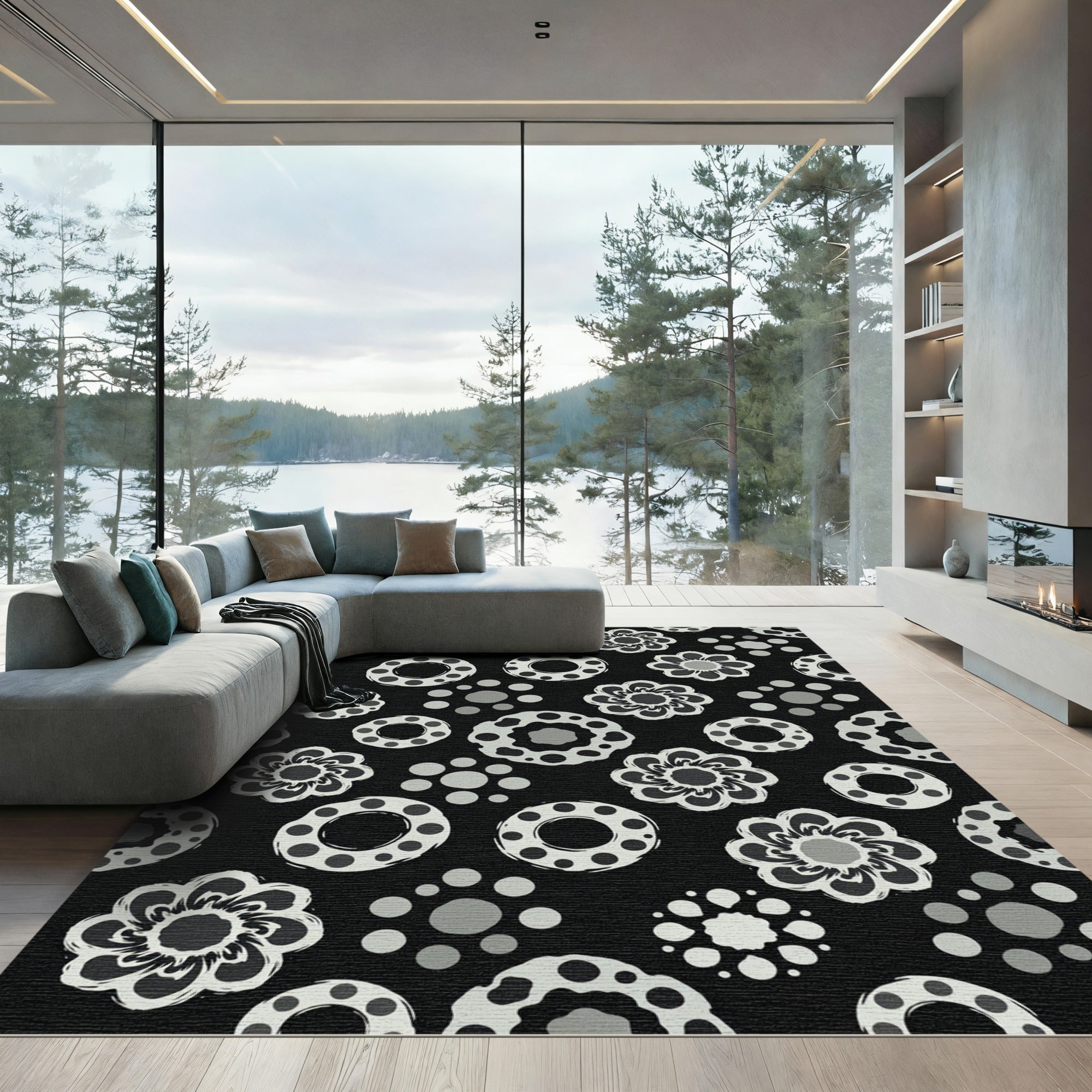 Monochromatic Floral Ring Scatter Composition Rug