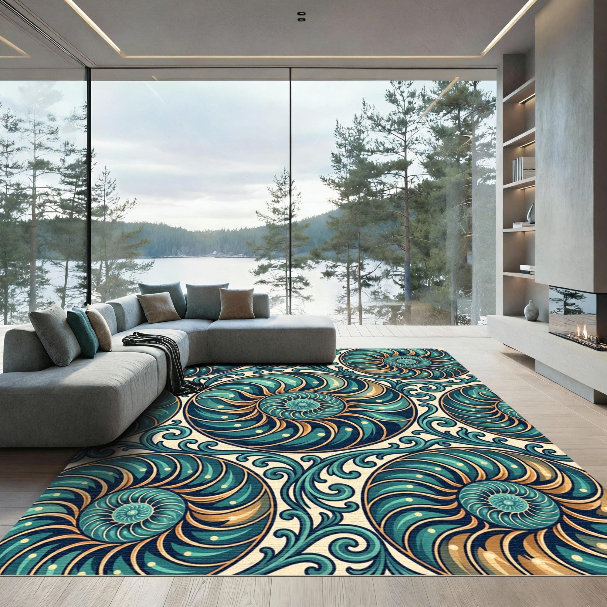 Teal Swirling Nautilus Botanical Decorative Art Rug
