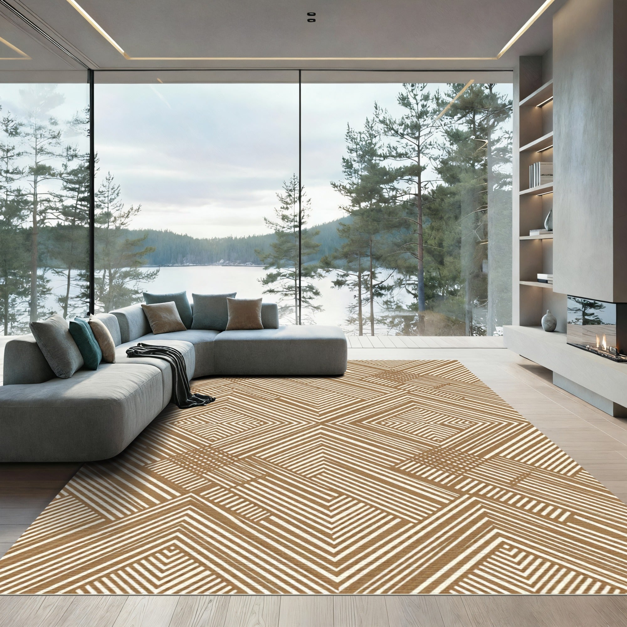 Neutral Brown Linear Geometric Chevron Rug