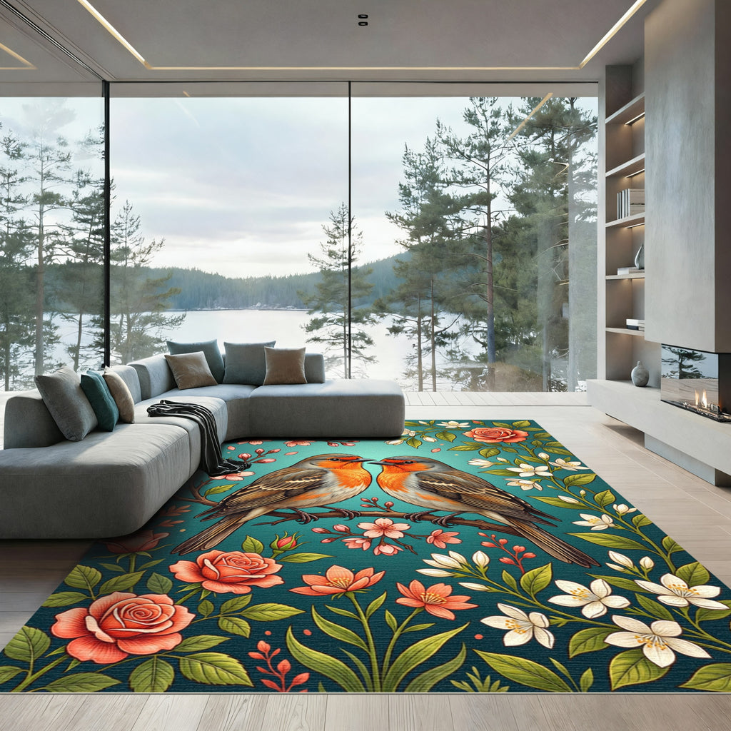 Coral Robins Amidst Floral Branches Rug