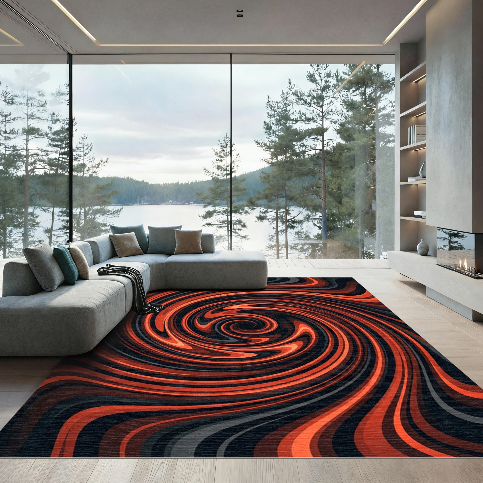 Fiery Burnt Orange Abstract Swirl Vortex Rug
