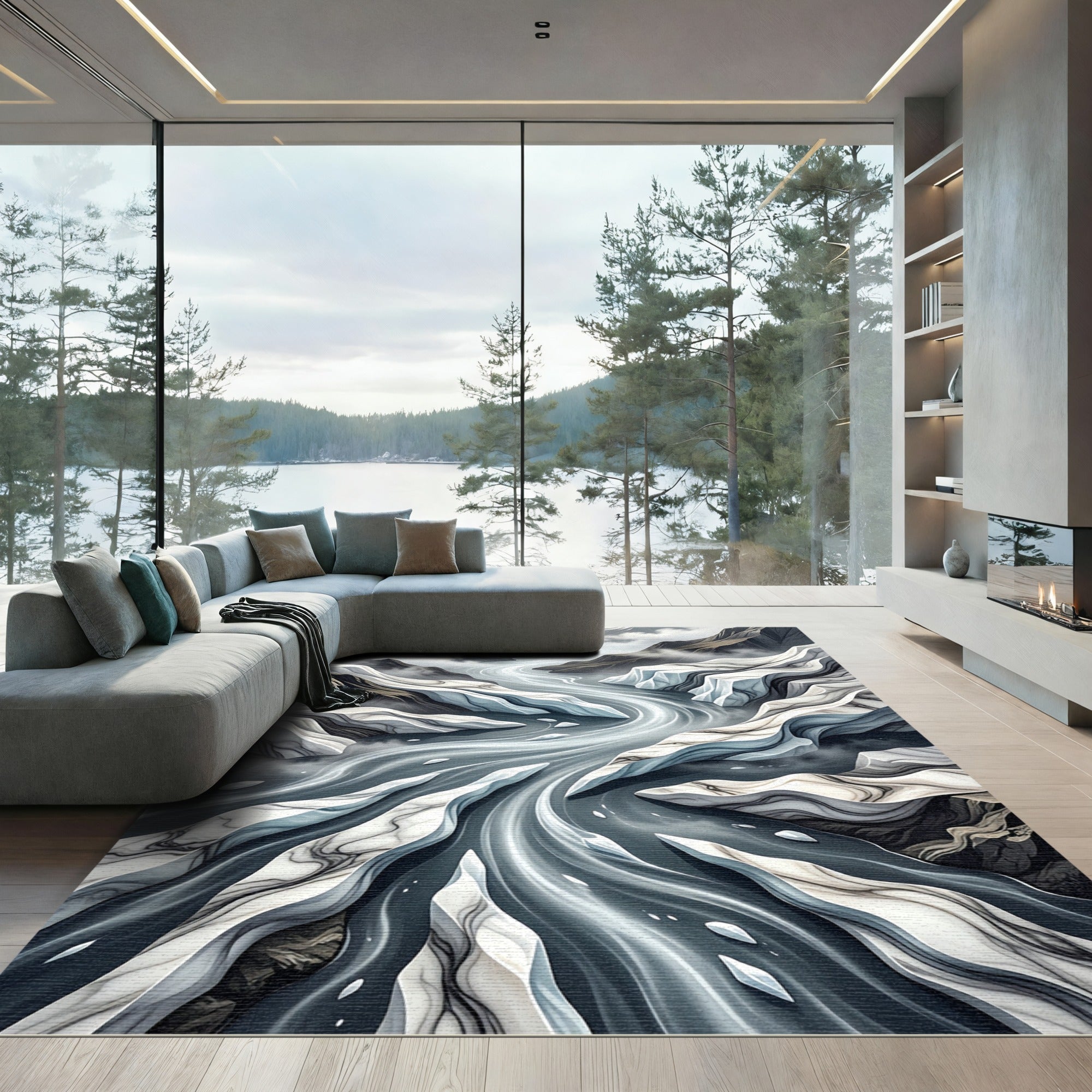 Fractured Ice River Landscape Art Rug
