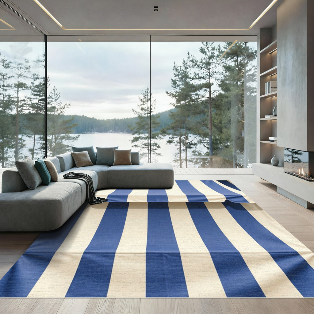 Classic Blue White Vertical Stripe Rug
