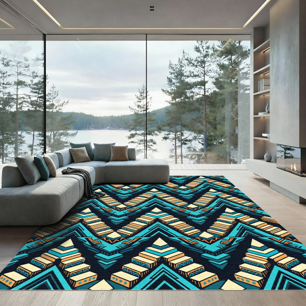 Vibrant Teal Geometric Aztec Staircase Rug