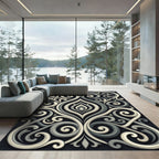Elegant Monochrome Scrolling Filigree Swirls Rug
