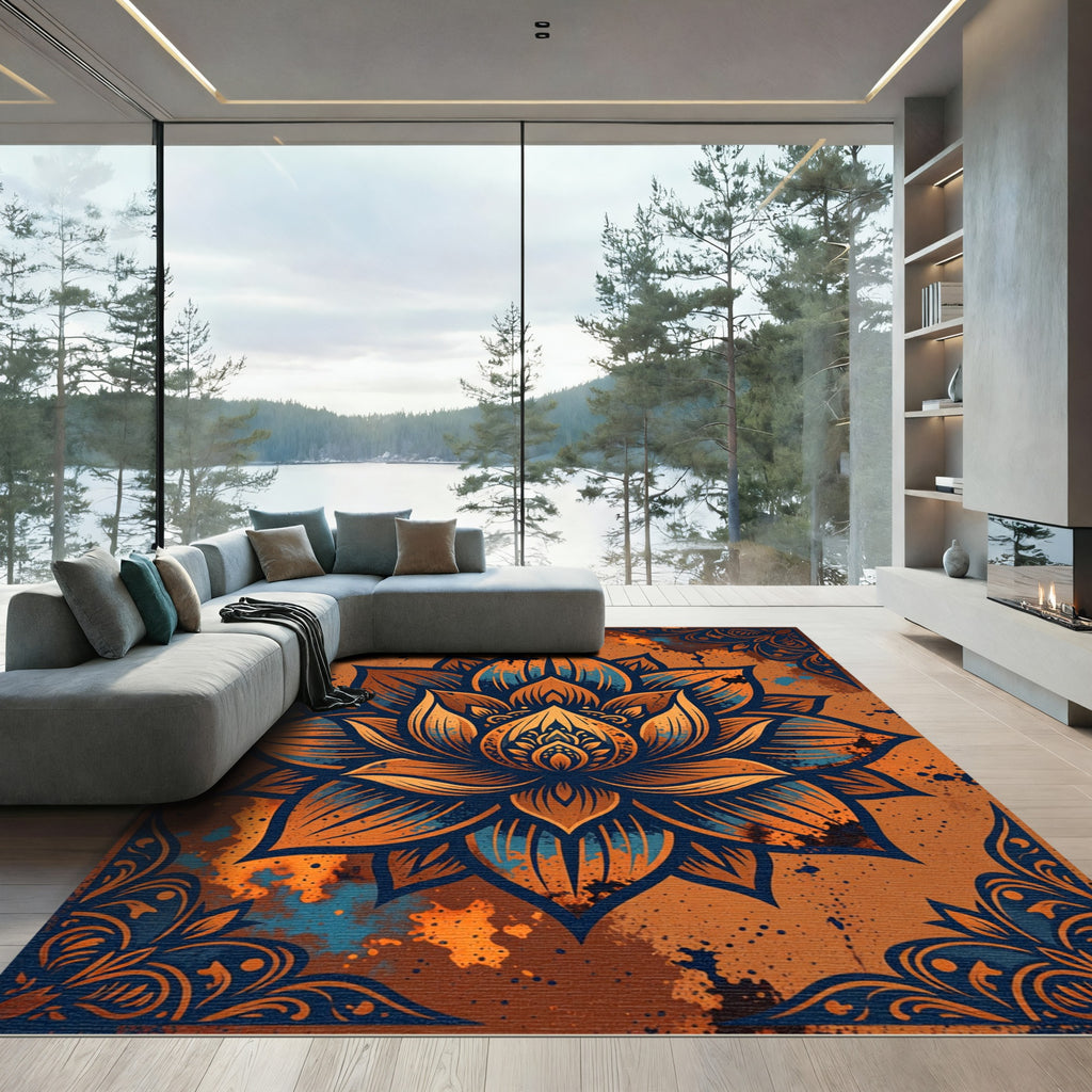 Orange Blue Lotus Mandala Art Rug