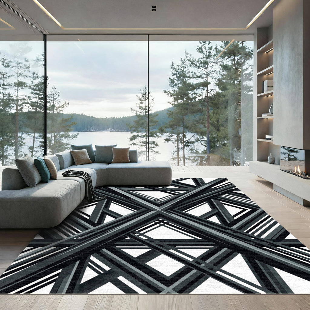 Modern Geometric Charcoal Intersecting Linear Rug