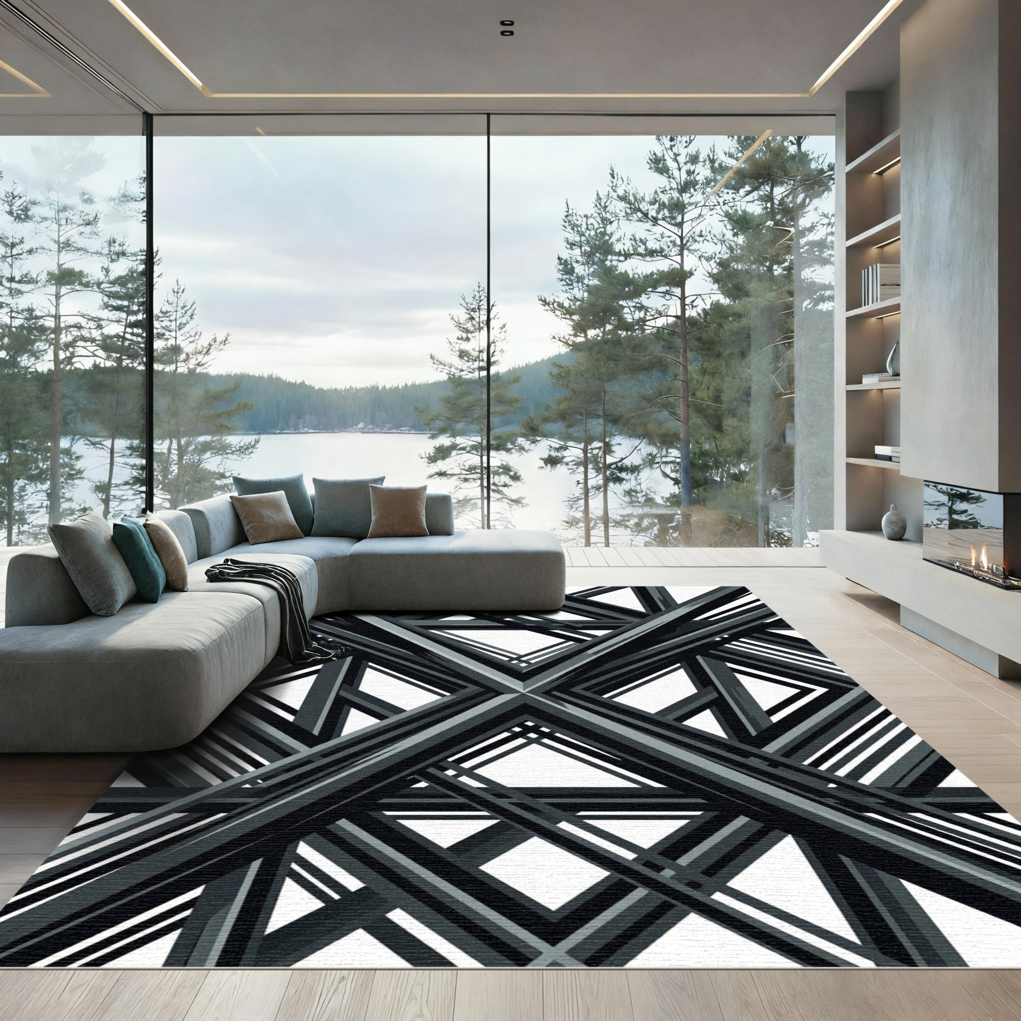 Modern Geometric Charcoal Intersecting Linear Rug
