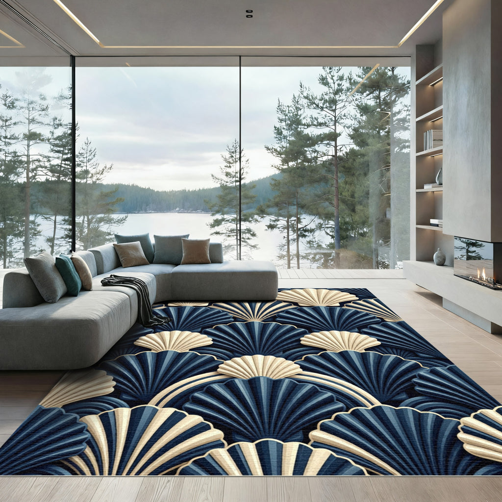 Art Deco Navy Cream Shell Wave Rug