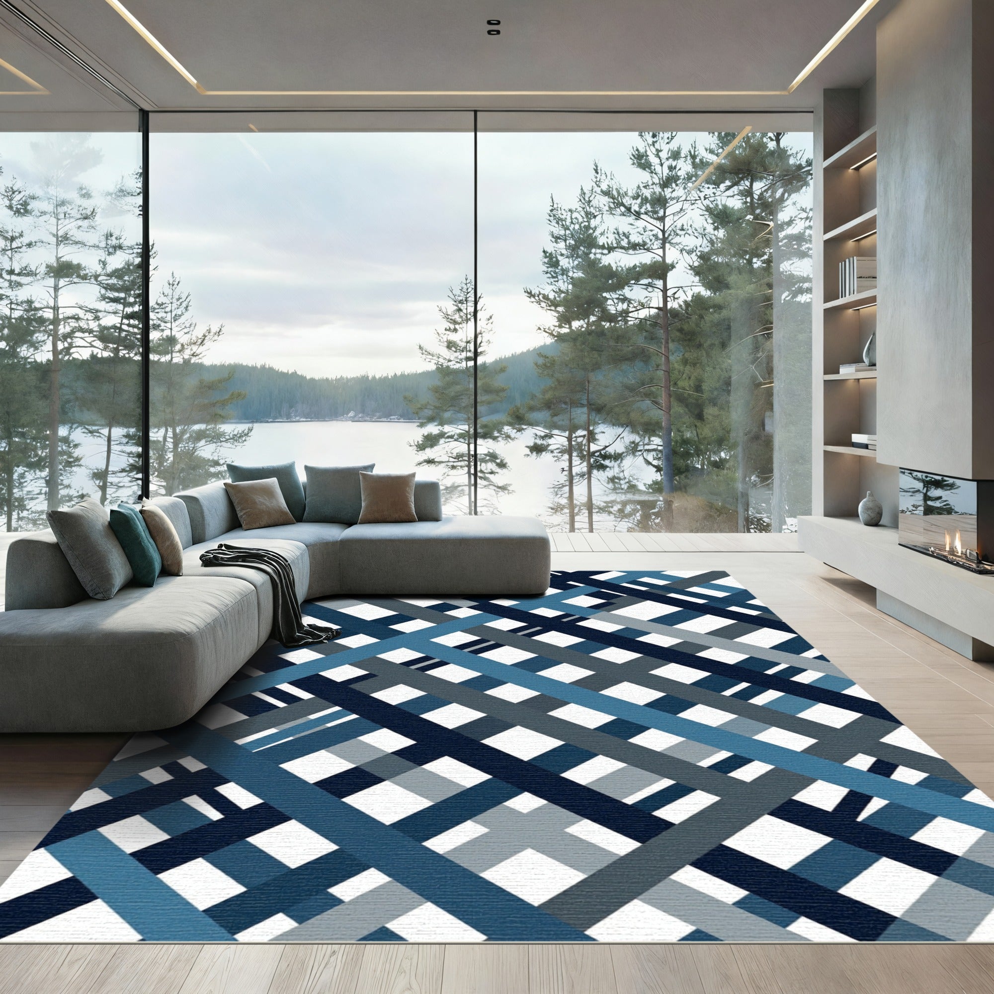 Modern Navy Blue Abstract Intersecting Plaid Rug