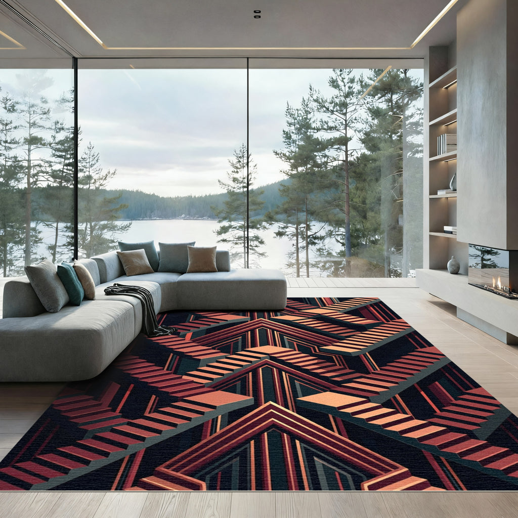 Geometric Copper Staircase Illusion Rug