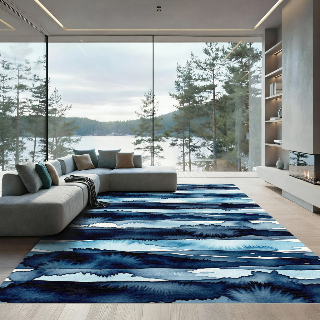 Abstract Indigo Watercolor Horizontal Stripe Rug