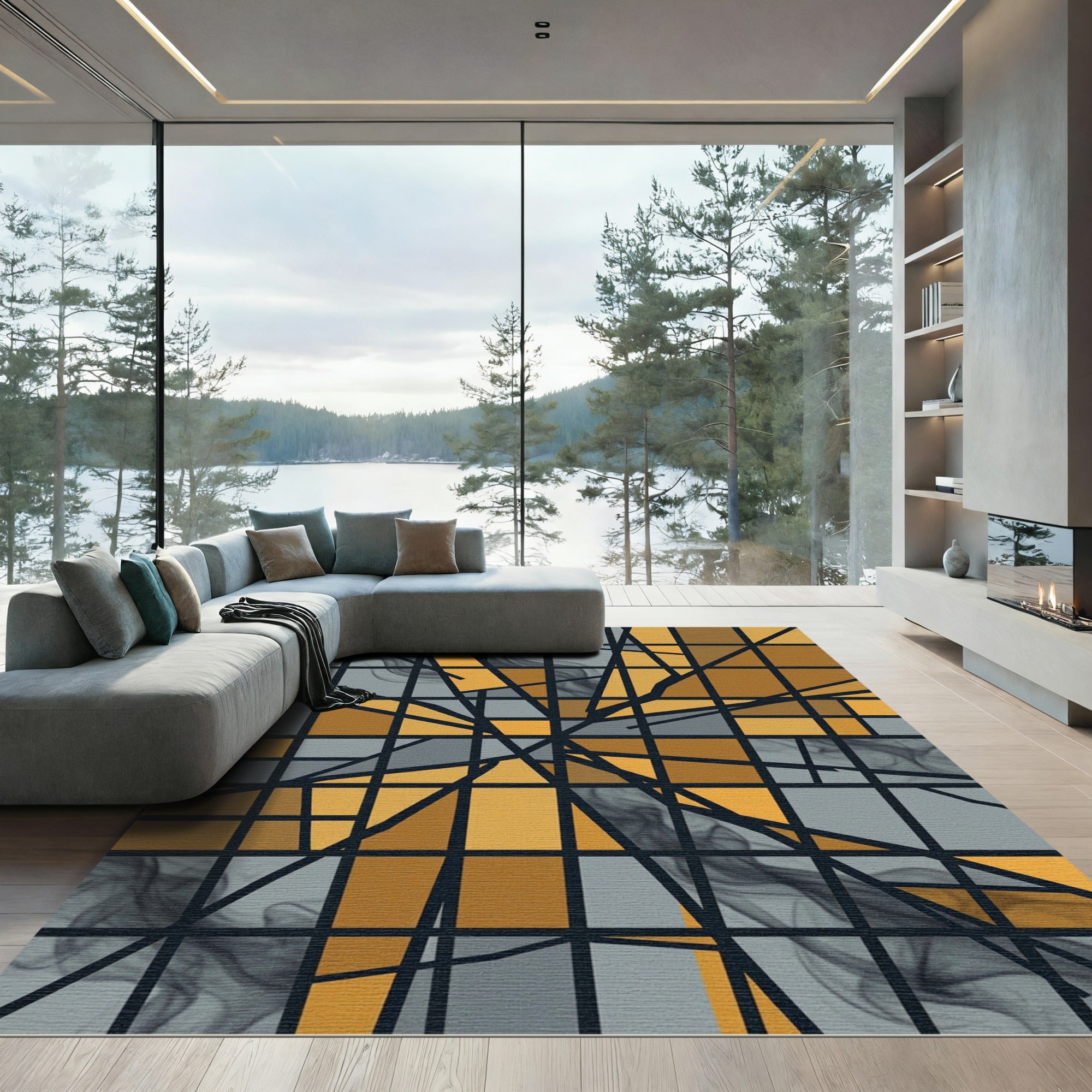Abstract Geometric Gold and Slate Grid Rug