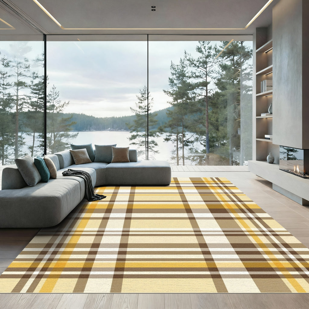 Yellow and Brown Plaid Checkered Rug
