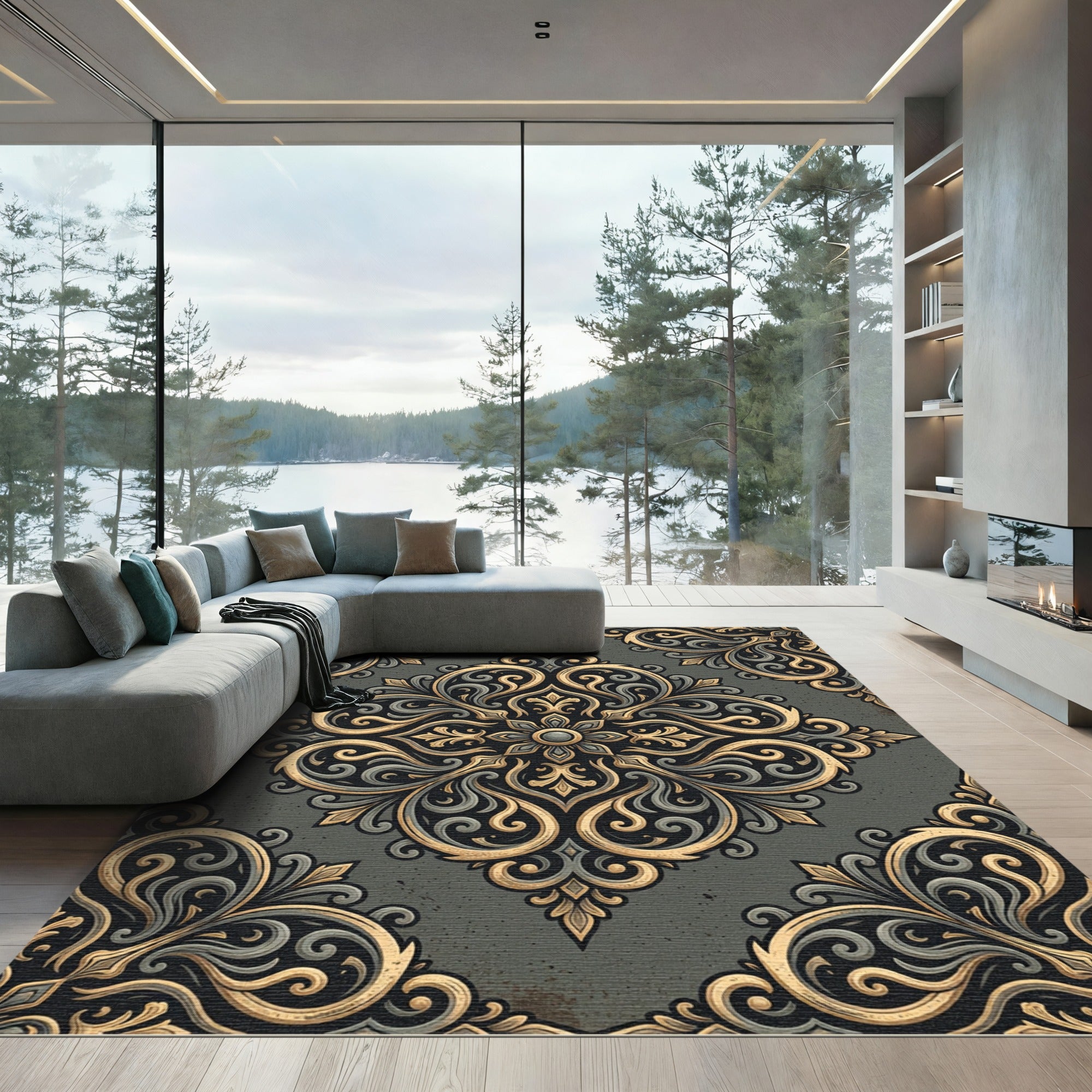 Vintage Gold Gray Damask Scroll Rug
