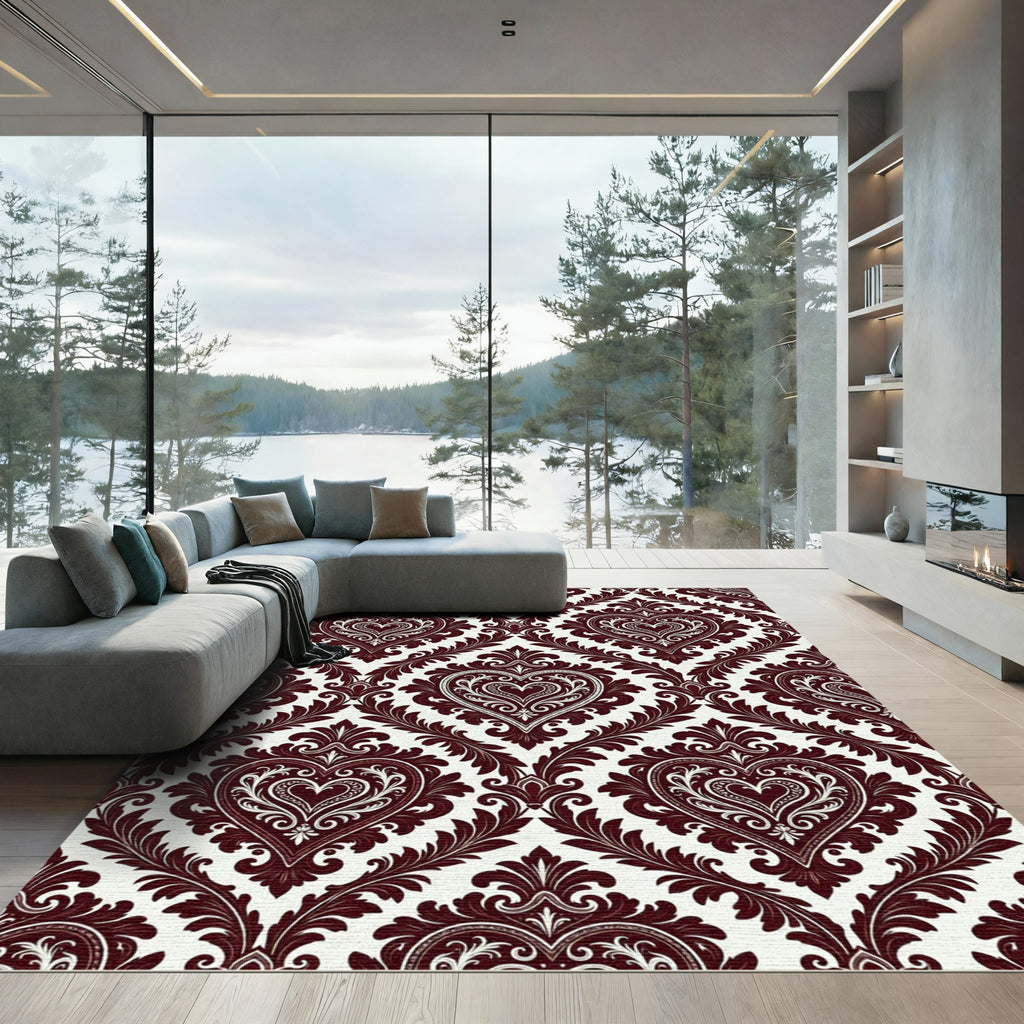 Deep Burgundy Ornate Heart Damask Rug