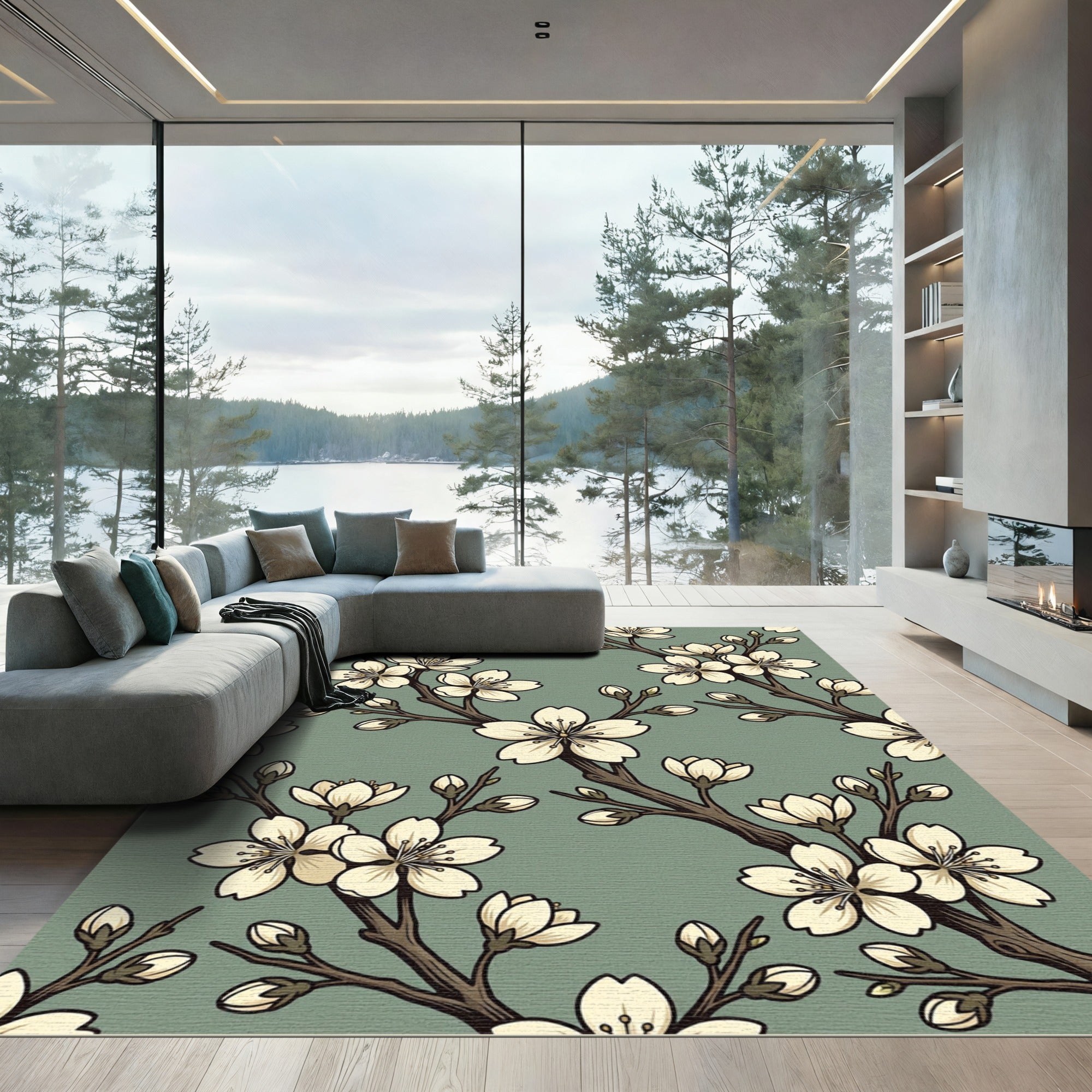 Elegant Sage Green Cherry Blossom Branch Rug