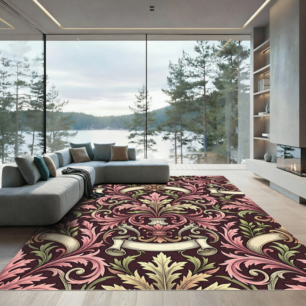 Delicate Crimson Floral Scrollwork Rug