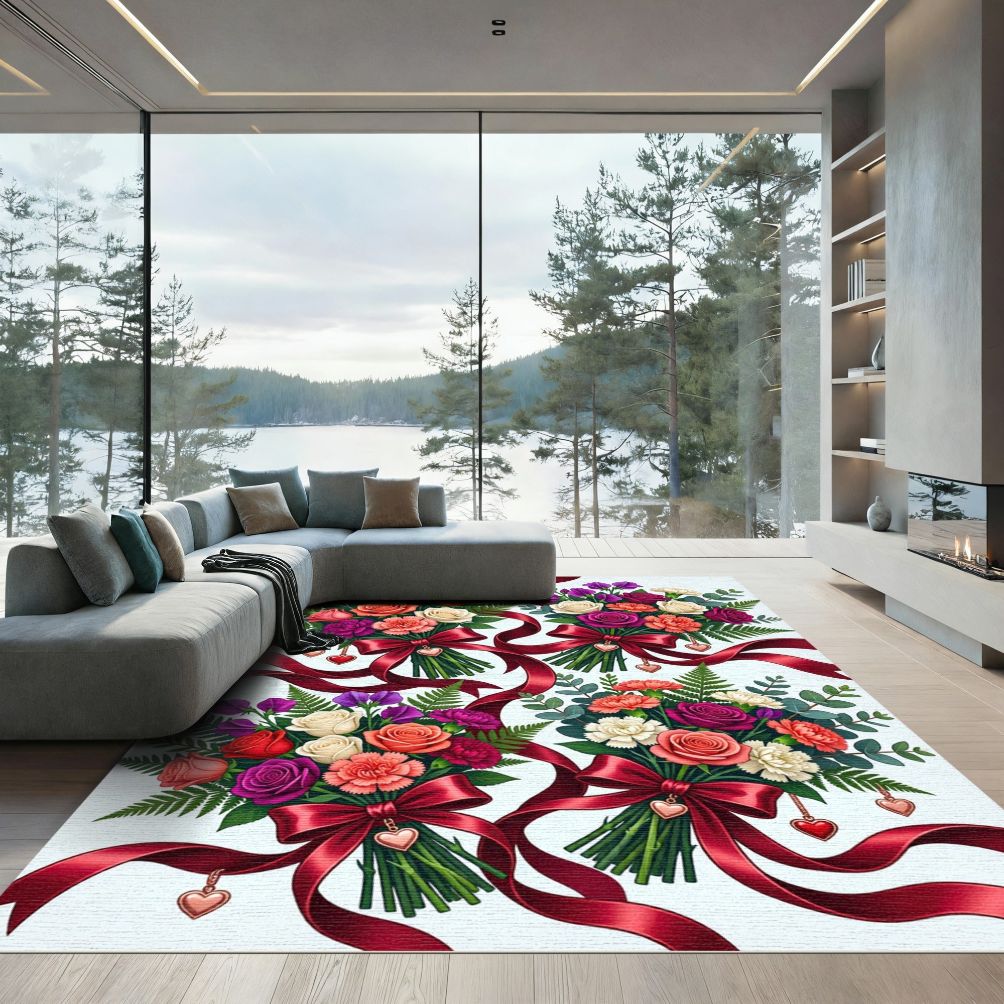 Vibrant Floral Heart Ribbon Bouquet Collection Rug