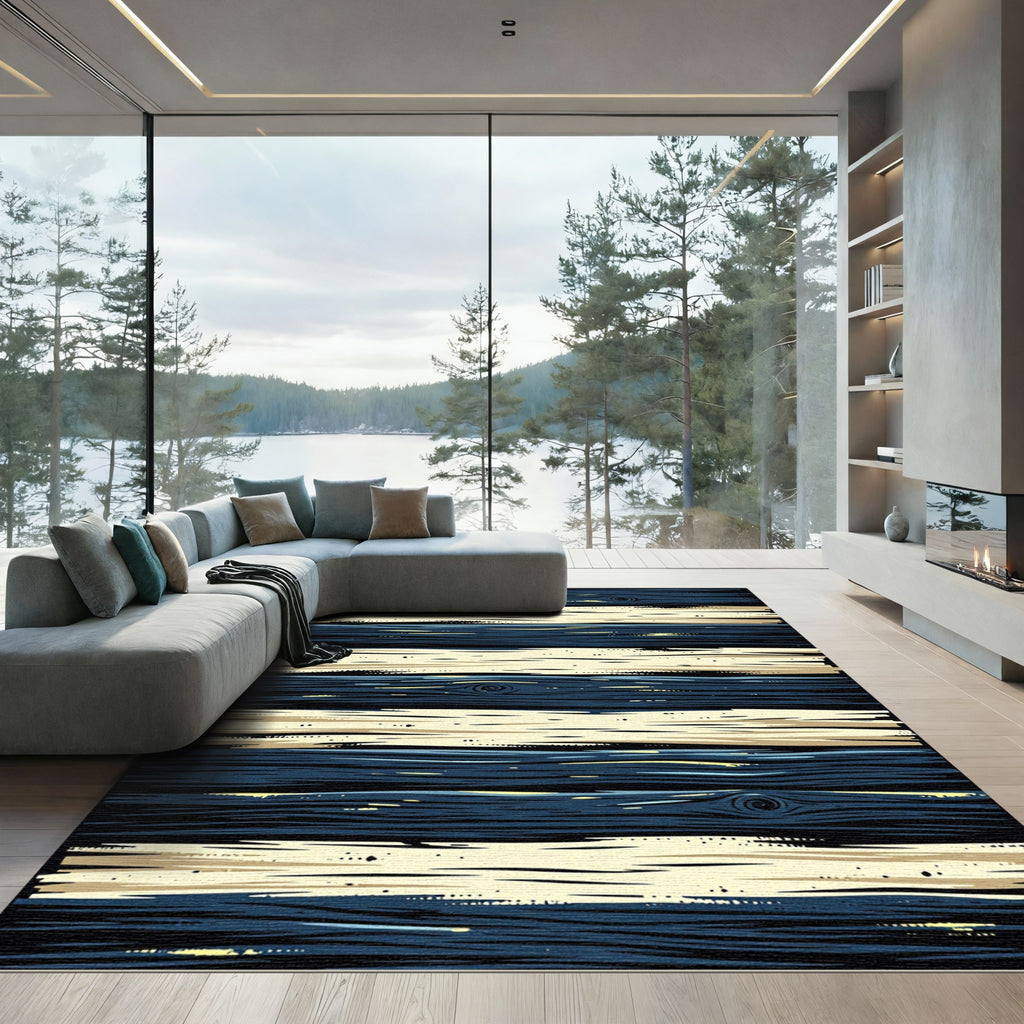 Navy and Cream Horizontal Wood Striped Rug
