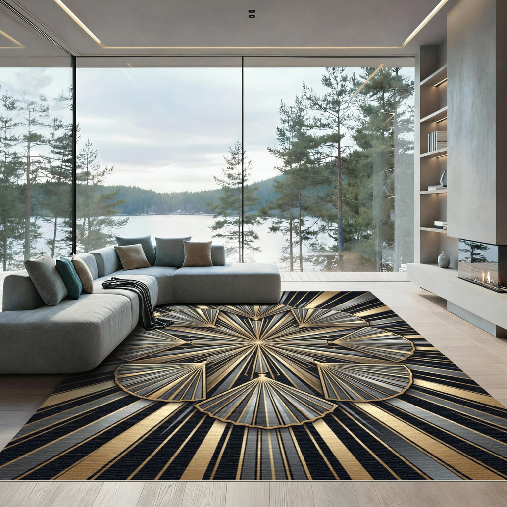 Art Deco Gold and Gray Fan Rug