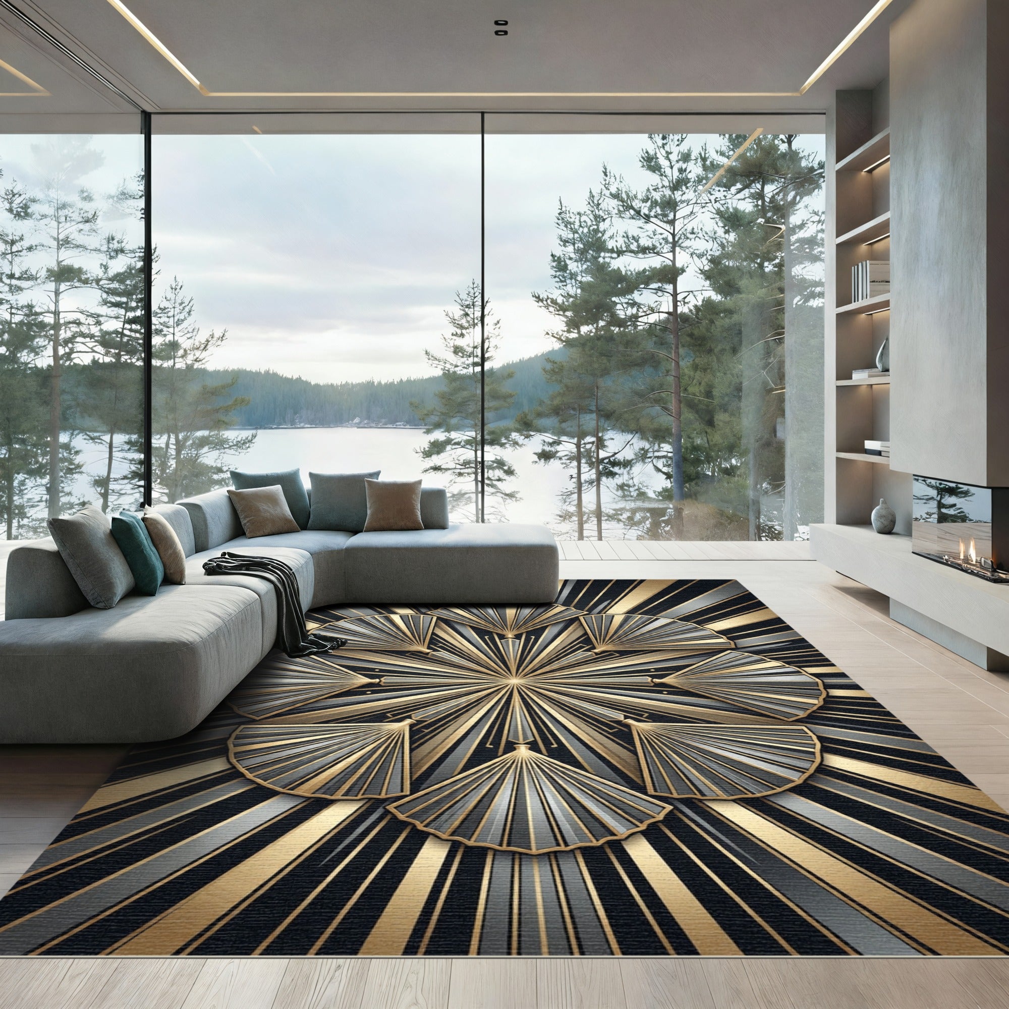 Art Deco Gold and Gray Fan Rug