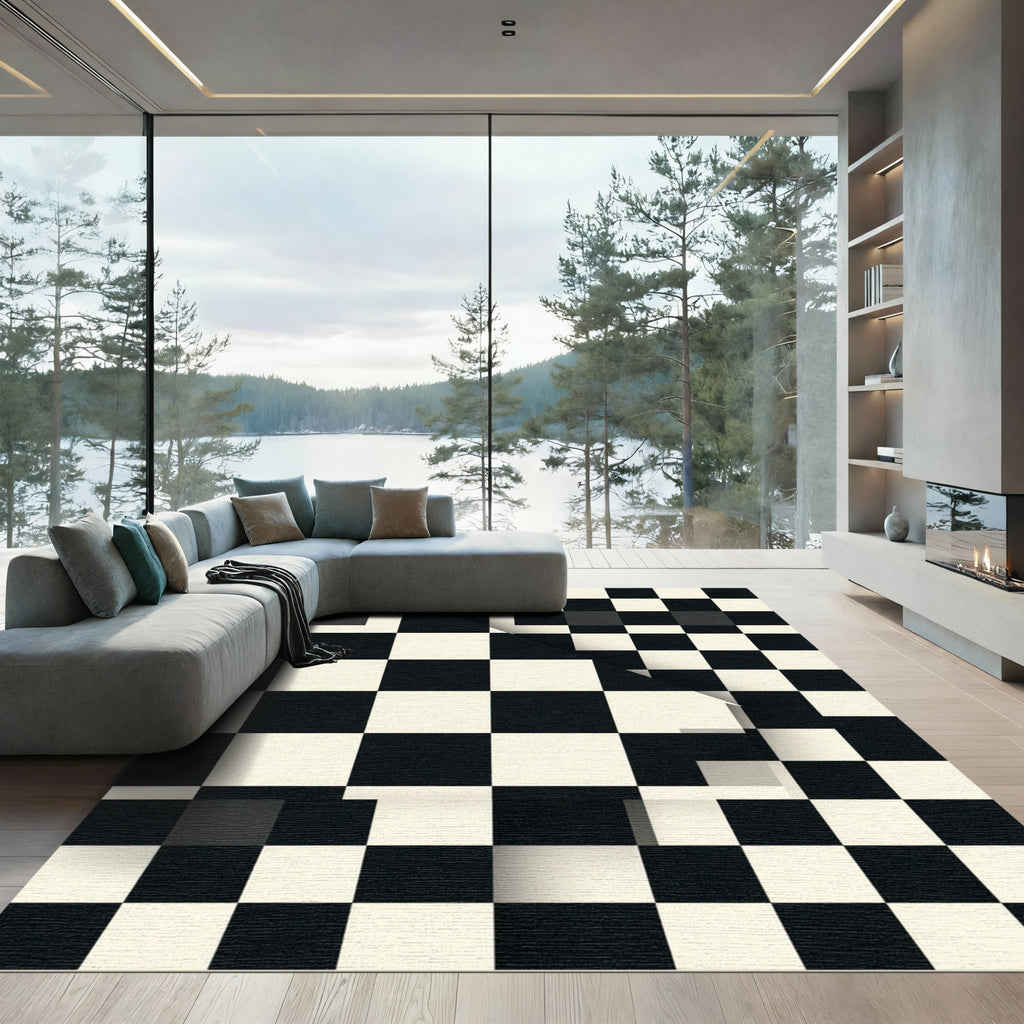 Monochrome Checkerboard Folded Illusion Grid Rug
