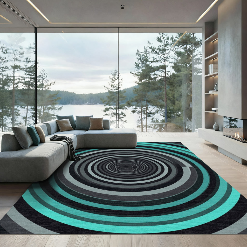 Modern Teal and Gray Concentric Vortex Rug
